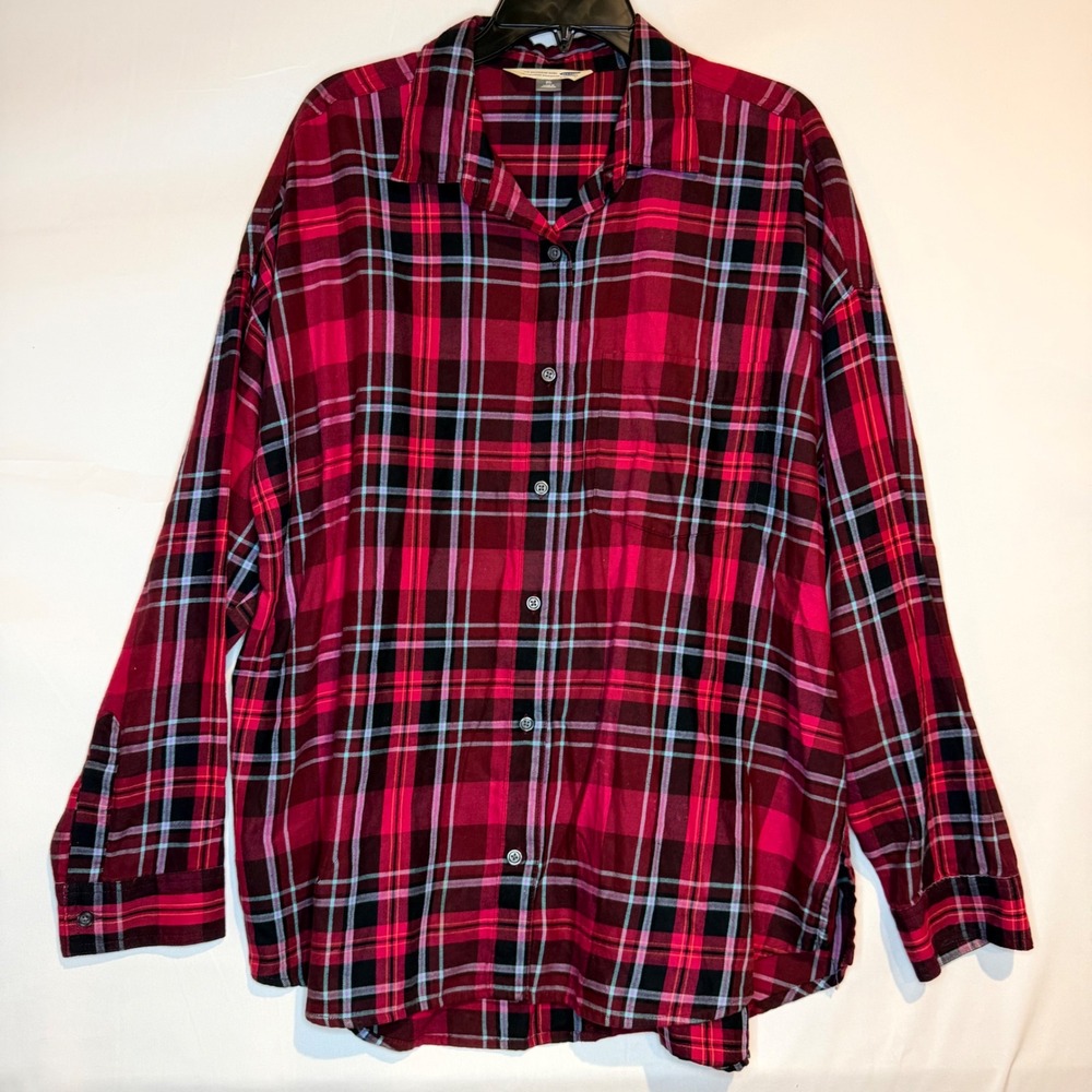 Old Navy Boyfriend Shirt XL Pink Red Plaid Flannel Style Button Down Long Sleeve